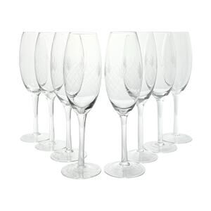 1940s Set of 8 Etched Glass Champagne Wine All Purpose Glasses 10” 14oz Fan Cuts